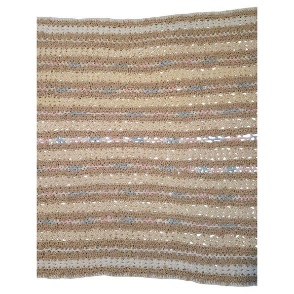 VTG Handmade Crochet Baby Blanket Pastel Pink, Blue, Beige & Scalloped Edges - Picture 5 of 10